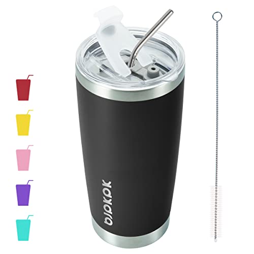 Image of BJPKPK 20 oz Coffee Tumbler with Lid, Straw, Insulated Stainless Steel Mug | Double Wall Vacuum, Keeps Hot /Cold, BPA Free, Leak Proof, Iced Coffee Cup Fit Car Holder, Travel & Beach Ready, Black
