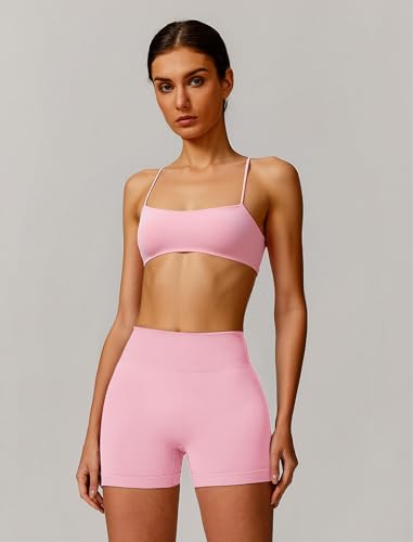 OMEWEE Workout sets for women 2 piece:Spaghetti Straps BacklessTop Bra and Anti-squat shorts for yoga Pink L — view 5