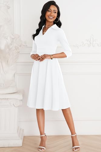 Image of Nmoder Casual Dresses for Women Semi Formal Fit and Flare 3 /4 Sleeve V Neck Cocktail Church Midi Dress with Pockets