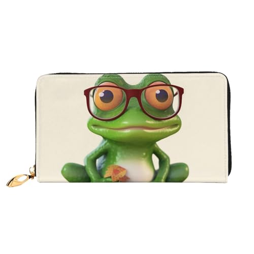 Leather Wallet for Women Men Bifold Wallet Ultra Slim Credit Card Holder Frog Wearing Glasses Ladies Clutch Purse