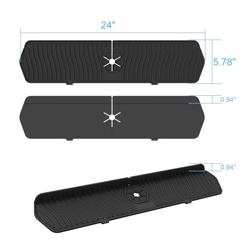 Image of Faucet Guard - 90 Foldable Draining Mat for Kitchen Sink with 2 Drain Ports, Black, 24 inch*5.66 inch
