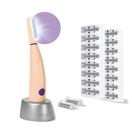Michael Todd Beauty Sonicsmooth Pro+ Dermaplane Razor for Women Face + Eyebrow Trimmer Dermaplaning System w/LED Light Peach Fuzz Remover -16 Dermaplaning Blades & 2 Microsmooth Exfoliation Tips