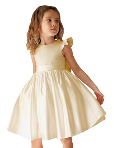 M_RAC Flower Girls Dresses Short Wedding Party First Communion Dress for Girls Satin Pearls FL034