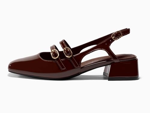 Image of Coutgo Women's Mary Jane Chunky Low Heels Slingback Pumps Closed Square Toe Wedding Dress Shoes