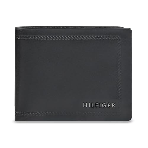 Image of Tommy Hilfiger Men's Leather Wallet Pelotas | Solid Black Passcase Bi-Fold with 12 Card Slots, Coin Pocket | Stylish Purse for Gents