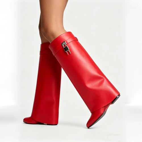 Image of keleimusi Fold Over Wedge Boots Heeled PadLock Pant Knee High Shoes Tall /Short Booties
