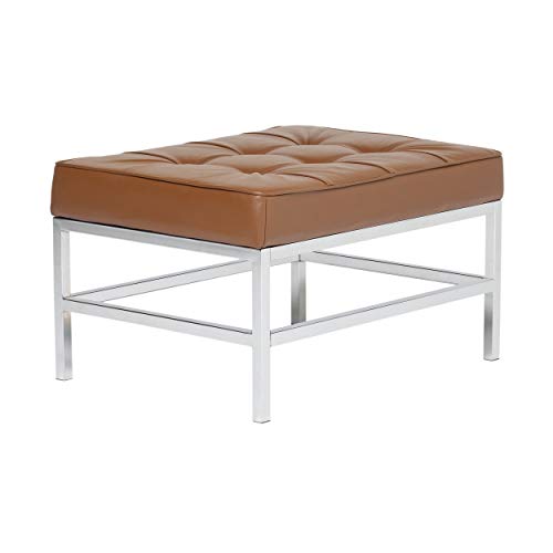 Studio Designs Home Mid-Century Ashlar Accent, Square, Tufted Brown Chrome Modern Ottoman, 30  W x 22.5  D x 17.5  H, Caramel Bonded Leather