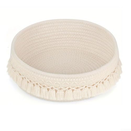 Panier en corde de coton avec pompons bohèmes pour le rangement de maquillage, organiseur fonctionnel et portable pour un usage domestique (blanc)