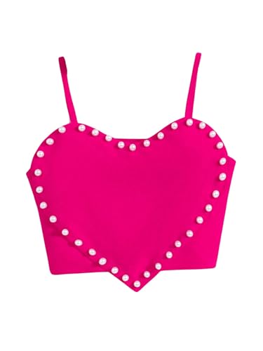 OYOANGLE Girl's Cute Pearl Beaded Spaghetti Strap Cami Top Asymmetrical Hem Slim Fit Crop Tops