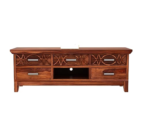 Image of Rustic Solid Sheesham Wood TV Unit Chest of Drawers for Living Room - 5 Drawers and 1 Shelf Storage - Accommodates up to 65-Inch TV (Jace, Honey Finish)