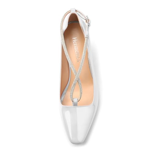 Mid Chunky Block Heel for Women Patent Square Toe Rhinestone Pumps Cross Strap high Heels Evening Dress Shoes 2.5Inch3