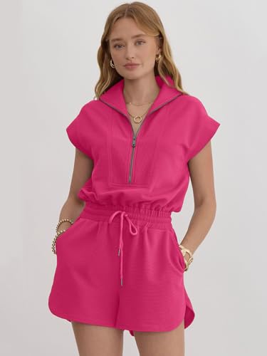 Image of Rompers for Women Summer Short Sleeve Half Zip Lapel Collar Jumpsuit Casual Drawstring One Piece Outfits with Pockets