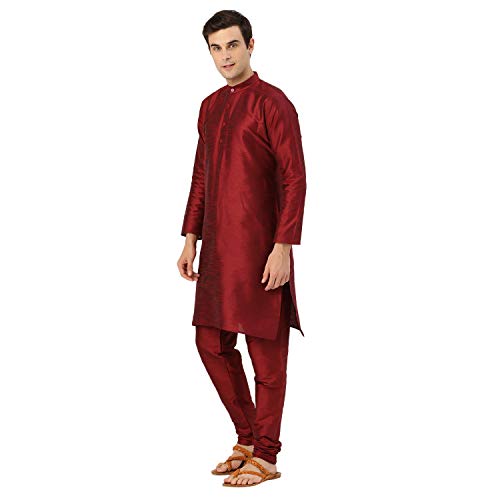Image of SOJANYA (Since 1958 Men's Cotton Linen Maroon Kurta and White Pyjama with Mustard Cotton Nehru Jacket