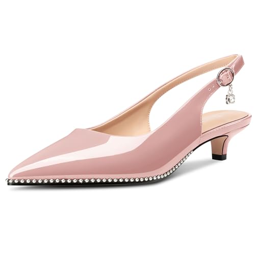 Image of TNYNFBEB Womens Low Kitten Heel Close Pointed Toe Pumps Slingback Silver Beaded Buckle Prom Party Dress Patent Leather 1.4 Inches Heels