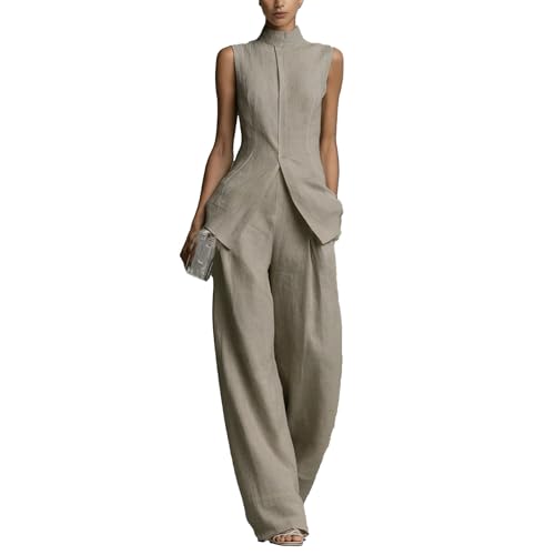 Ensemble 2 pièces en lin pour femme avec chemise sans manches et pantalon long fluide