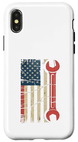 自動車修理士 自動車整備士 レンチ 工房 ツール USA 国旗 スマホケース iPhone X/XS 用
