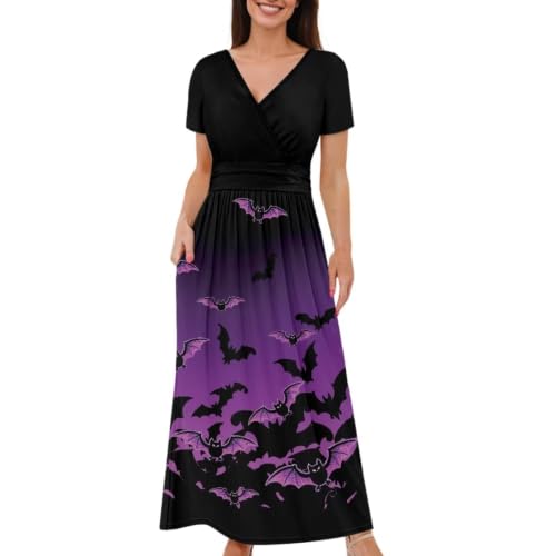 Image of Women's Fall Summer Short Sleeve Ankle Length V-Neck Party Dress with Pockets Size S-3XL