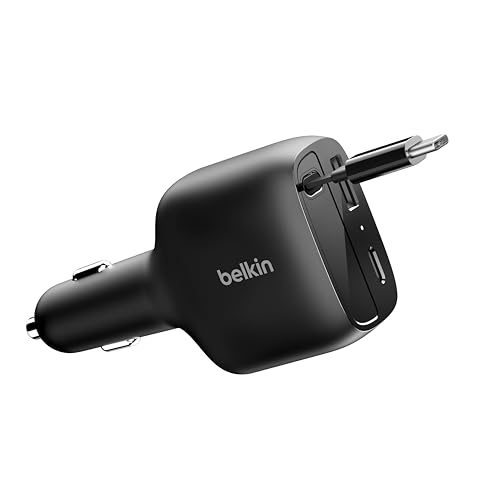 Belkin USB C Car Charger 75W with 30 inches Retractable USB C Cable - iPhone Charger, Compatible with iPhone 17 & 16 Series, Galaxy S25, AirPods, Tablet, MacBook, Chromebook, etc. - Travel Essentials