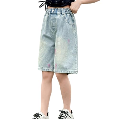 Girls Elastic Waist Straight Leg Jean Shorts Summer Knee Length Y2K Casual Pull On Denim Short Pants with Pocket