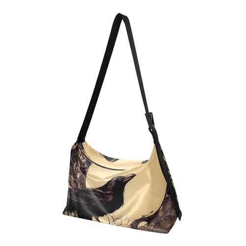 Crossbody Purse Shoulder Bag for Women-Artwork Crow Print, Large Capacity Leather Handbags Zipper Closure with Fabric Strap