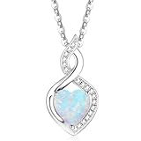 FANCIME Solid 14ct White Gold Opal Pendant Necklace, Heart Pendant with Diamond October Birthstone Necklace Birthday Anniversary Jewellery Gifts for Mum Women