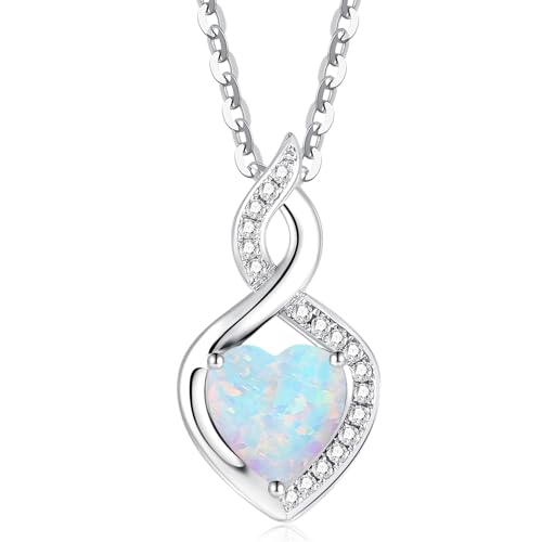 FANCIME 14K Solid White Gold Heart Birthstone Necklace with Diamond Pendent Birthday Gifts for Mom Women, Sterling Silver Chain 16