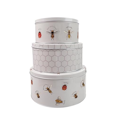Home-Kitchen-Pets Set of 3 Round Nesting Airtight Cake Storage Tins with Lids – Large, Medium & Small Food Containers for Biscuits, Sweets & Bakery Items – Bee & Ladybug Print Design