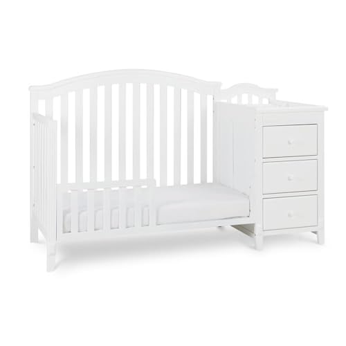 Image of Pemberly Row 4-in-1 Convertible Crib & Changer, Solid Pine Wood, White Finish, Arched Headboard, 3-Level Mattress Adjustments, Includes Changing Pad, Space-Saving Baby Station with Drawers & Shelves
