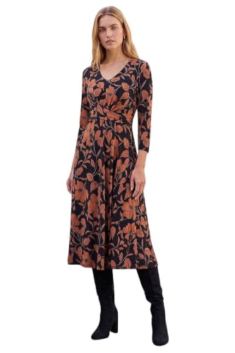 Image of Roman Fit and Flare Dress for Women Ladies Chest Twist Knot Ruched Tea Skater Empire Waist Wedding Guest Smart Casual Swing Midi 3/4 Long Sleeve Knee Length - Leaf Tan - Size 20