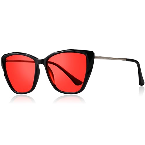 Image of Blue Light Blocking Glasses Cat Eye Red Tinted Computer Gaming Eyeglasses UV Ray Filter Easier Sleep and Migraine Relief Women AB3304 (Black Frame Red Lens)