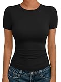 AUTOMET Womens Short Sleeve T Shirts Basic Summer 2025 Workout Tops Crew Neck Gym Crop Tops Trendy Y2K Clothes Black M