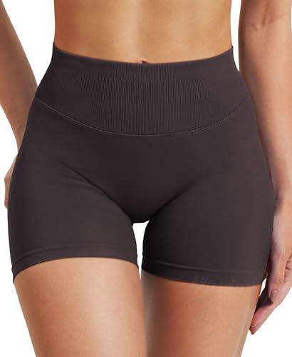 VOYJOY Women Workout Impact Shorts 2.5"/ 3.6"/ 4.5"/ 6" Scrunch Butt Lifting Gym Seamless Booty Biker Shorts Dark Brown3