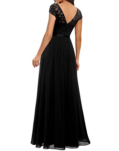 Daisyaner Women's Formal Floral Lace Maxi Dress Evening Party Elegant Short Sleeve V-Neck Dresses For Wedding Guest Black Xl #TOP1