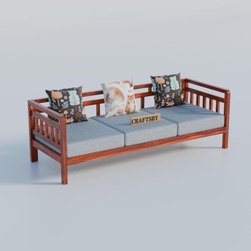 Image of Solid Sheesham Wood 5 Seater Sofa Set Without Centre Table for Living Room | Wooden 3+1+1 Five Seater Sofa Set with 5 Cushions | Modern Sofa Set for Home, Office & Lounge | Grey, Honey Finish