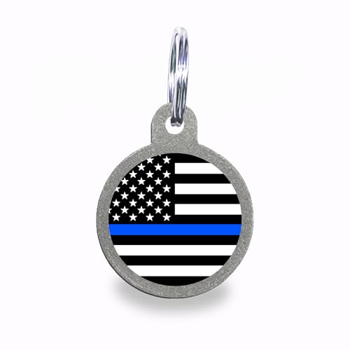 Personalized Stainless Steel Dog Tag Custom Engraved Pet ID Name Tag Thin Blue Line American Flag with Silencer and Split Ring, Circle