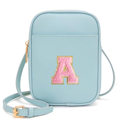Toddler Purse Initial Crossbody Bags for Girls 3 Pockets PU Leather Cross Body Bag Crossbody Purse Handbag Personalized Preppy Teen Girl Gifts Trendy Stuff (Icing Blue A)