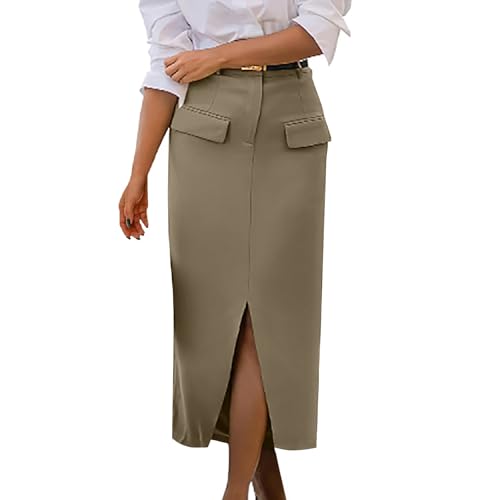 Women Cotton Cargo Midi Skirt Front Slit Fake Pockets Zip Up Unique Pencil Skirt Dressy Casual Business Tight Skirts3