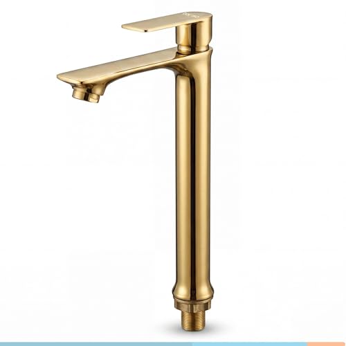 Image of Tapsa Kubix Series Gold Tap | Golden Tap | PVD Coated Tall Pillar Cock Tap /Basin Tap with Long Spout & 12 Inch Tall Body Tall Boy Extended Pillar Tap Faucet