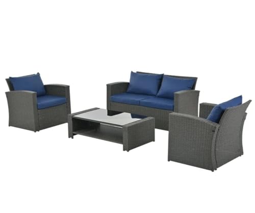 Image of 4 SeaterOutdoor /Patio /Garden /Pool Side /Terrace /Balcony /Porch /Backyard /Living Room /Cane Furniture Sofa Set Wicker Sectional Sofa All-Weather Rattan Conversation Sets(Nevy Blue)