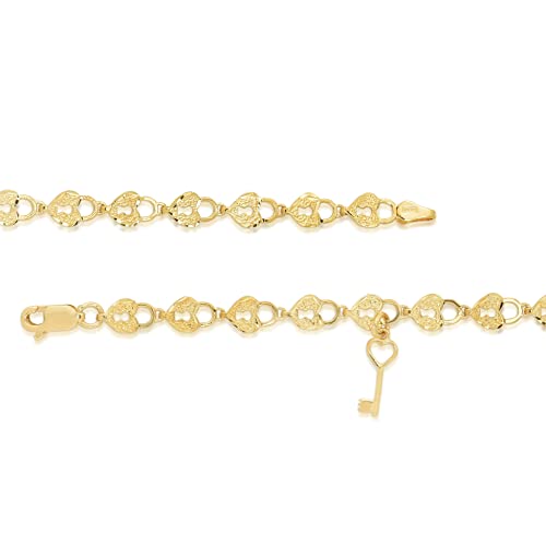 Floreo 10k Yellow Gold Textured Finish Heart Shape Lock and Key Link Charm Bracelet2