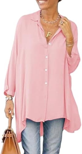 Cicy Bell Damen Bluse Oversized Langarm Button Down Hemdbluse V-Ausschnitt Sommer Satin T-Shirt Elegant Oberteile Shirt Einfarbig Casual Tops
