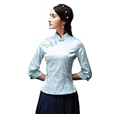 LIXINGHEITANG Blouse Satin Women Oriental Tops Retro Collar Coat Print Shirt Traditional Chinese Clothing s4 Blue XXL