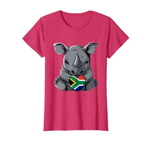 South Africa Flag Cute Rhino Heart South African Pride T-Shirt, Women, Red Heather, Small