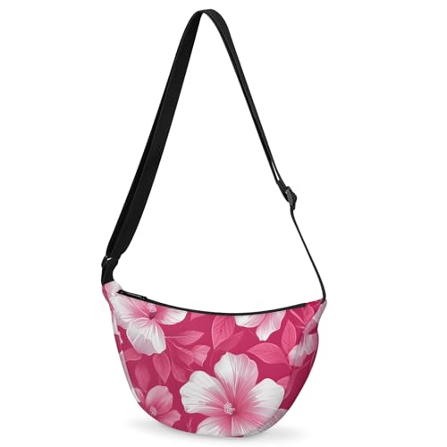 Crossbody Crescent Bag, Dumpling Bag, Pink Hibiscus Floral Crescent Shoulder Bag, Casual Lightweight Crescent Crossbody Bags with Adjustable Strap
