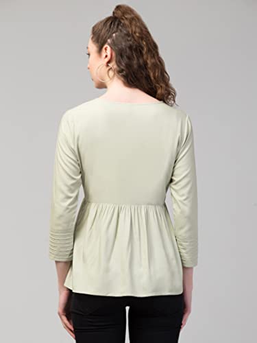 Image of FIMS - Fashion is my style Women Cotton Pleated & Gathered Embroidery Stone Full Sleeves Top Regular Fit Round Neck Tops for Girls