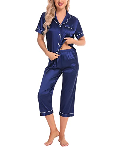Swomog Satin Pajama Set Women Silk Pjs Set Short Sleeve 2 Piece Button Down Sleepwear Lounge Sets Navy Blue #TOP1