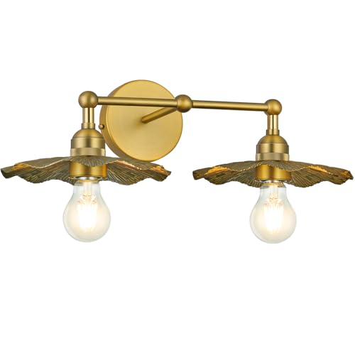 Image of PASSICA DECOR Hardwired 2 Head Wall Sconce Indoor Wall Light Antique Brass 2-Lights with Flower Shade Wall Lighting Fixture for Bathroom Vanity Kitchen Sink Bedrroom Living Room Farmhouse