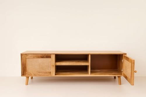 Image of TV Stand for 65 inch TV, Dark Chocolate (Natural Colour) | Premium Solid Wood, 10 Minutes Assembly (Legs Only), Aesthetic Rattan Doors, Mid Century Entertainment Center