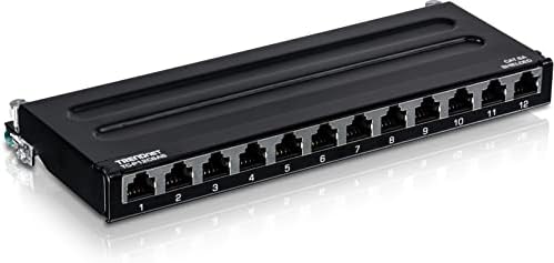 TRENDnet 12-Port Cat6A Shielded Patch Panel, 10G Ready, Cat5e,Cat6,Cat6A Compatible, Metal Housing, Color-Coded Labeling for T568A and T568B Wiring, Cable Management, Wall Mountable, Black,TC-P12C6AS