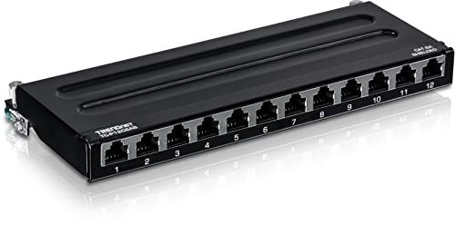 TRENDnet 12-Port Cat6A Shielded Patch Panel, 10G Ready, Cat5e,Cat6,Cat6A Compatible, Metal Housing, Color-Coded Labeling For T568A And T568B Wiring, Cable Management, Wall Mountable, Black, TC-P12C6AS TRENDnet 12-Port Cat6A Shielded Patch Panel, 10G Ready, Cat5e,Cat6,Cat6A Compatible, Metal Housing, Color-Coded Labeling For T568A And T568B Wiring, Cable Management, Wall Mountable, Black, TC-P12C6AS
